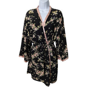 Vintage Oscar de la Renta Pink Label Black Floral Short Robe Size Large